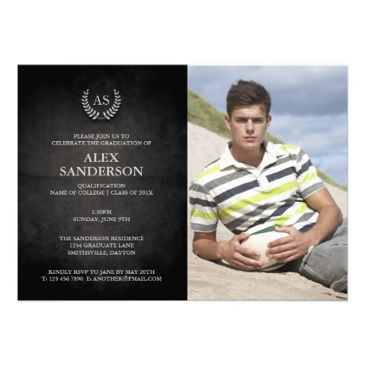 Monogram and Silver Laurel Wreath Graduation Personalized Invitations (front side)