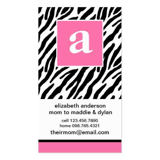 Monogram and Zebra Mommy Calling Cards Business Card (front side)