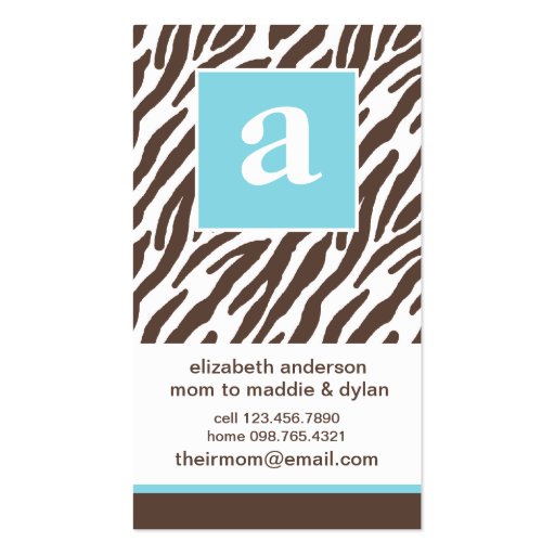 Monogram and Zebra Mommy Calling Cards Business Card Templates (front side)