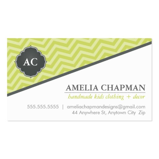 MONOGRAM angled chevron pattern kiwi green grey Business Cards (front side)
