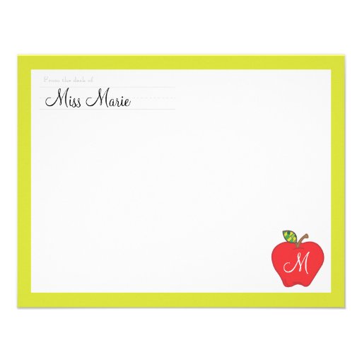 Monogram Apple Teachers Flat Note Card Invitation