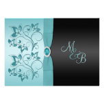 Monogram Aqua, Black Floral Wedding Invitation