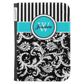 Monogram Aqua Black White Striped Damask 2 Kindle Case For The Kindle