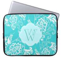 Monogram aqua blue, teal decorative floral laptop laptop sleeve
