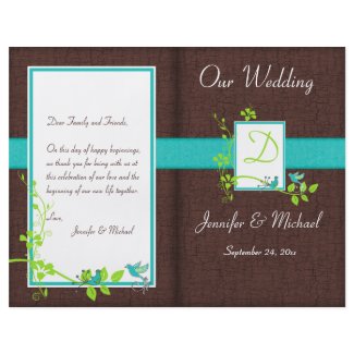 Monogram Aqua Brown Green Floral Wedding Program flyer