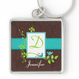 Monogram Aqua, Brown, Green, White Birds Keychain keychain