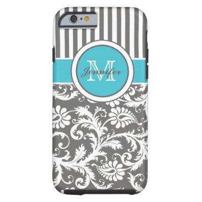 Monogram Aqua Gray White Striped Damask Tough iPhone 6 Case