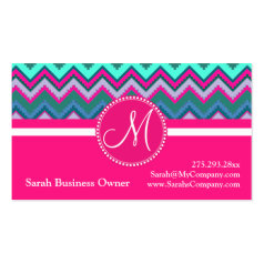 Monogram Aqua Teal Blue Pink Tribal Chevron Zigzag Business Cards