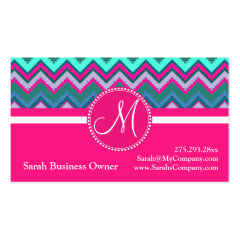 Monogram Aqua Teal Blue Pink Tribal Chevron Zigzag Business Cards