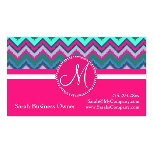 Monogram Aqua Teal Blue Pink Tribal Chevron Zigzag Business Cards (front side)