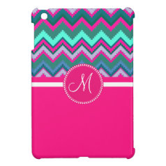Monogram Aqua Teal Blue Pink Tribal Chevron Zigzag iPad Mini Covers
