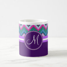 Monogram Aqua Teal Blue Pink Tribal Chevron Zigzag Mug