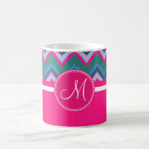 Monogram Aqua Teal Blue Pink Tribal Chevron Zigzag Coffee Mug