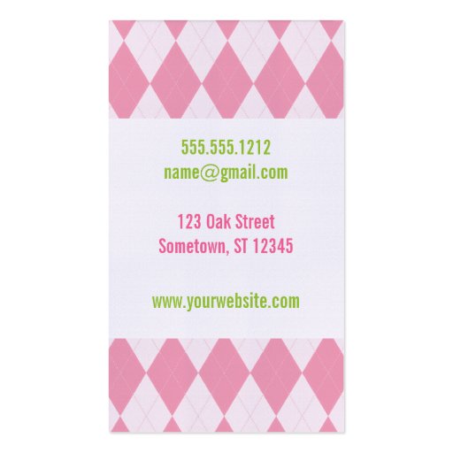Monogram argyle business cards in pink (back side)