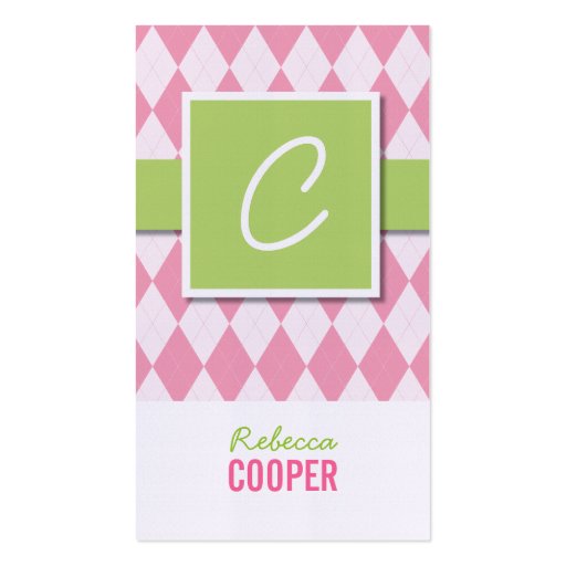 Monogram argyle business cards in pink (front side)