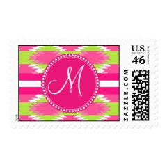 Monogram Aztec Andes Tribal Hot Pink Lime Green Postage Stamp