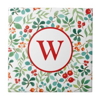 Monogram Berry with Stem and Leaves Ceramic Tile