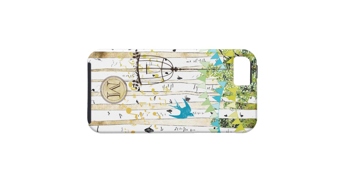Monogram Birdcage Cute Bird Birch Tree iPhone Case Zazzle