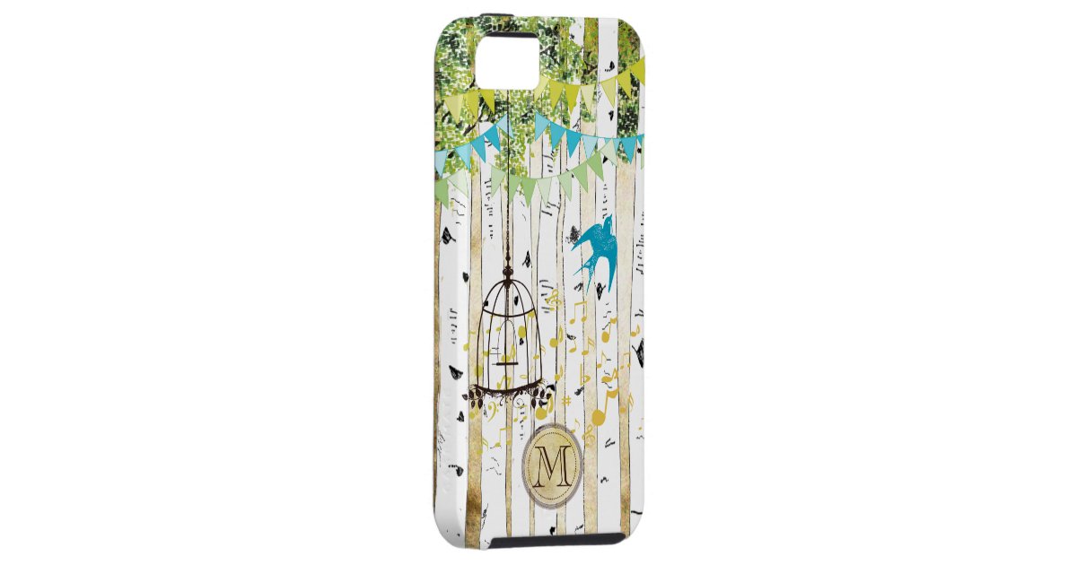 Monogram Birdcage Cute Bird Birch Tree iPhone Case Zazzle