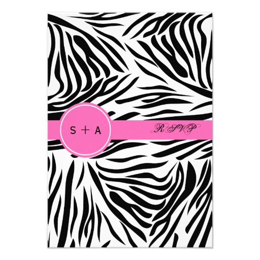 Monogram Black and White Zebra Print and Hot Pink Invitations