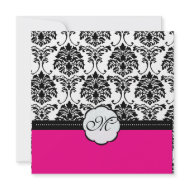 Monogram/Black Damask/Hot Pink Wedding Invitations invitation