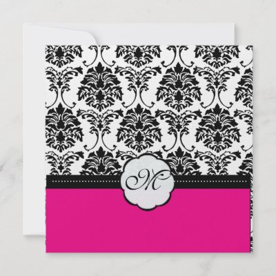 Monogram Black Damask Hot Pink Wedding Invitations by custom stationery