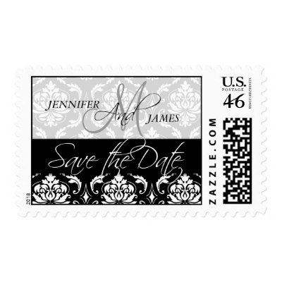 Monogram Black Damask Save the Date Postage