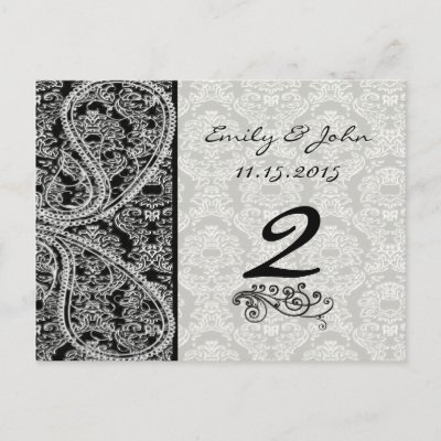 Monogram Black Damask Wedding Table Number Cards Postcard by samack