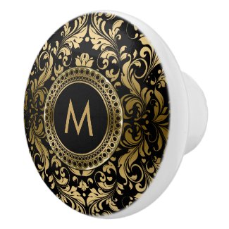 Monogram Black Gold Floral Swirls Ornament Ceramic Knob