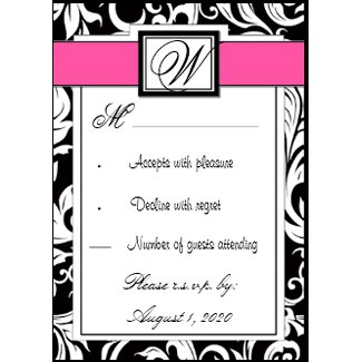 Monogram Black & Pink Damask Wedding RSVP Cards invitation