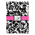 Monogram Black & Pink Damask Wedding RSVP Cards Invites
