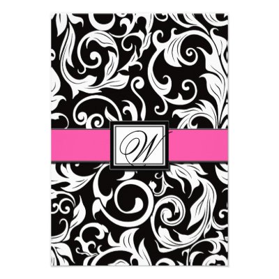Monogram Black &amp; Pink Damask Wedding RSVP Cards Invites
