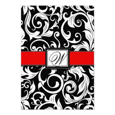 Monogram Black & Red Damask Wedding RSVP Cards Invitation