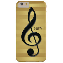 Monogram Black Treble Clef on Golden Stripes Barely There iPhone 6 Plus Case