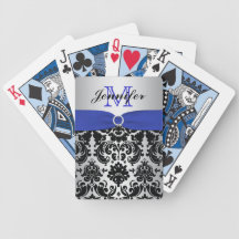 Monogram Blue Black Silver Damask Playing Cards