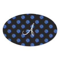 Monogram blue glitter polka dots oval sticker