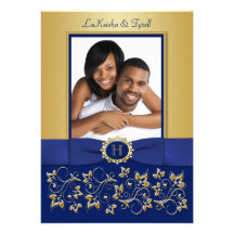 Monogram Blue, Gold Floral Photo Wedding Invite