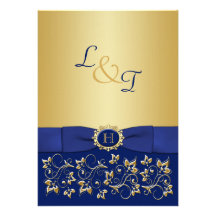 Monogram Blue, Gold Floral Scroll Wedding Invite