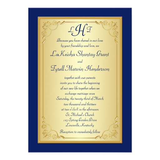 Monogram Blue, Gold Floral Scroll Wedding Invite