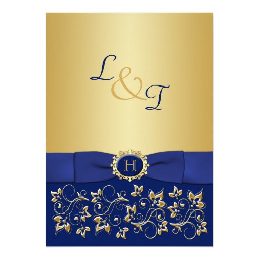 Monogram Blue, Gold Floral Scroll Wedding Invite