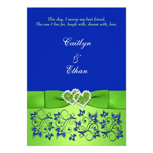 Monogram Blue, Green Floral, Hearts Wedding Invite