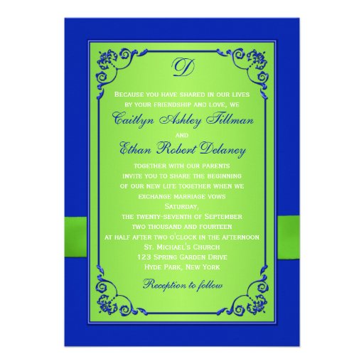 Monogram Blue, Green Floral PHOTO Wedding Invite