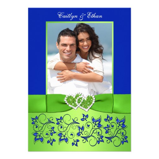 Monogram Blue, Green Floral PHOTO Wedding Invite