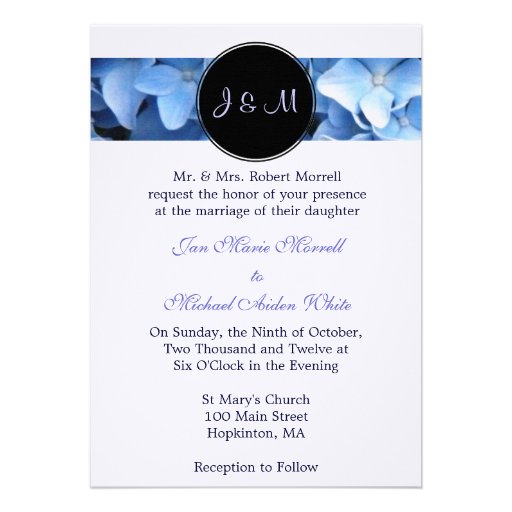 Monogram Blue Hydrangea Wedding Invitation (front side)