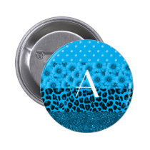 Monogram blue leopard flowers glitter diamonds button