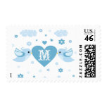 Monogram Blue Love Birds Heart Stamps