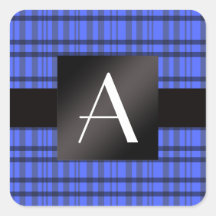 Monogram blue plaid square sticker