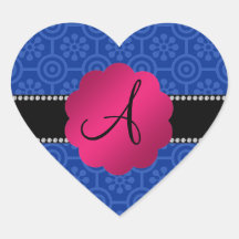 Monogram blue retro flowers and circles sticker