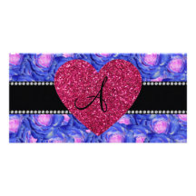 Monogram blue roses pink heart customized photo card