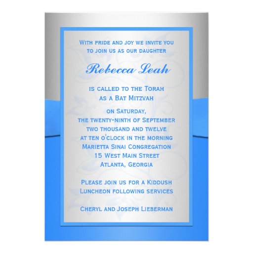 Monogram Blue Silver Floral Bat Mitzvah Invitation